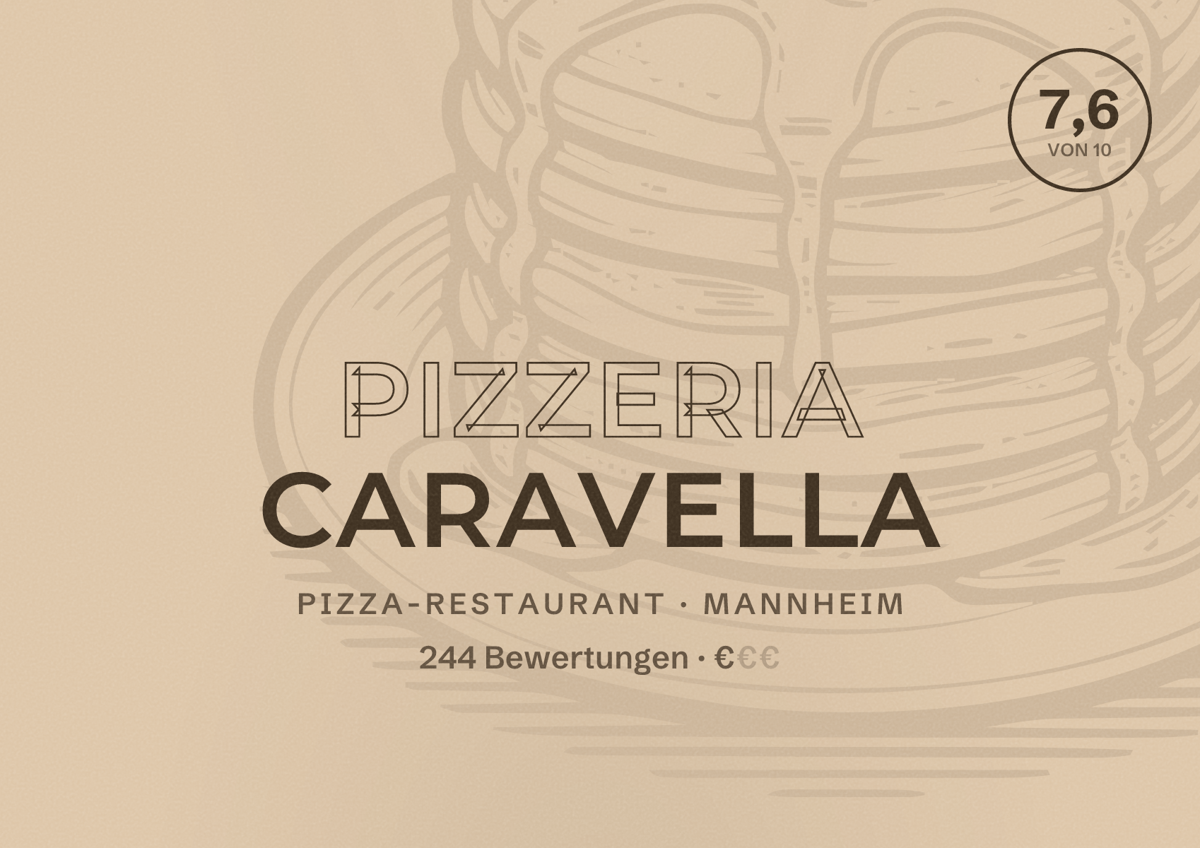 Illustriertes Poster von Pizzeria Caravella, Pizza-Restaurant in Mannheim: Bewertung 7,6 von 10 aus 244 Bewertungen, Preisniveau €