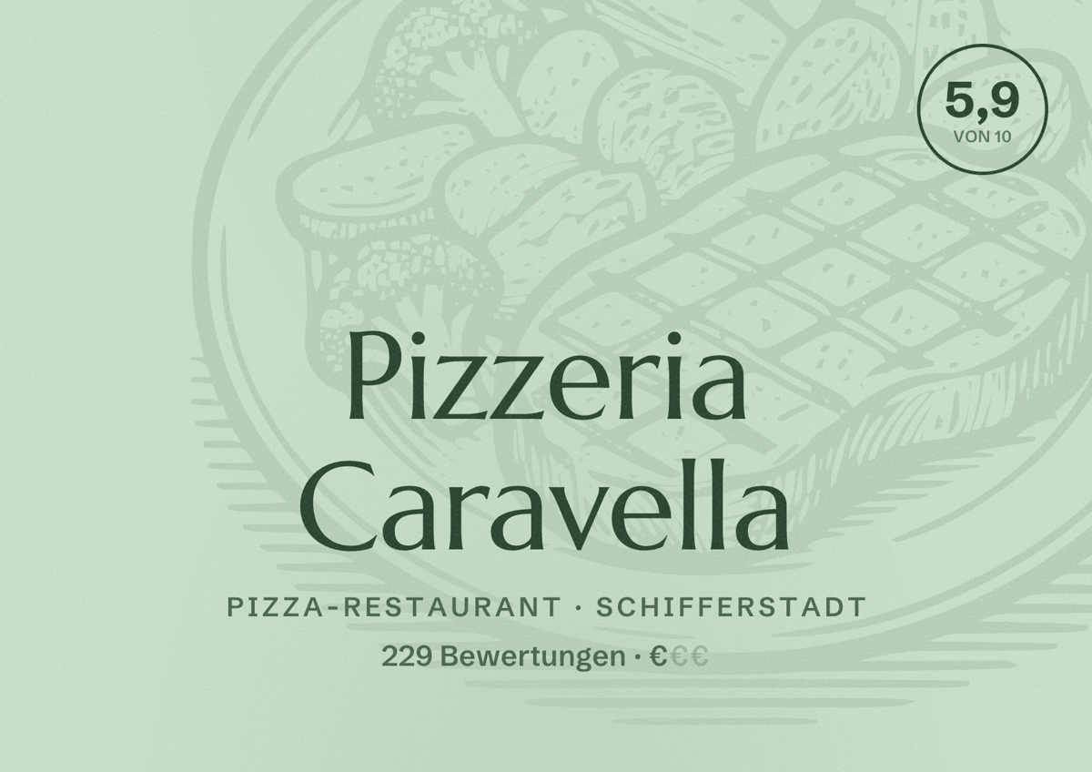 Illustriertes Poster von Pizzeria Caravella, Pizza-Restaurant in Schifferstadt: Bewertung 5,9 von 10 aus 229 Bewertungen, Preisniveau €