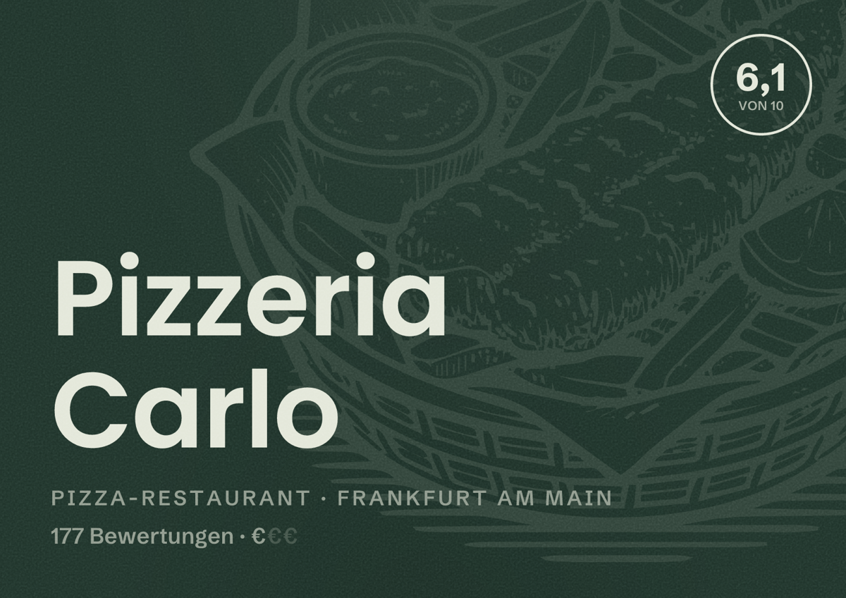 Illustriertes Poster von Pizzeria Carlo, Pizza-Restaurant in Frankfurt am Main: Bewertung 6,1 von 10 aus 177 Bewertungen, Preisniveau €
