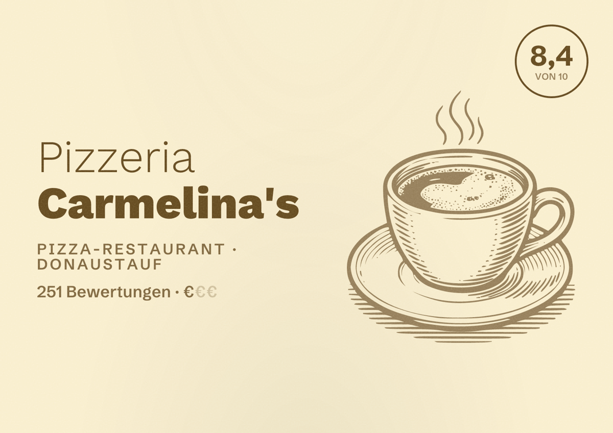 Illustriertes Poster von Pizzeria Carmelina's, Pizza-Restaurant in Donaustauf: Bewertung 8,4 von 10 aus 251 Bewertungen, Preisniveau €
