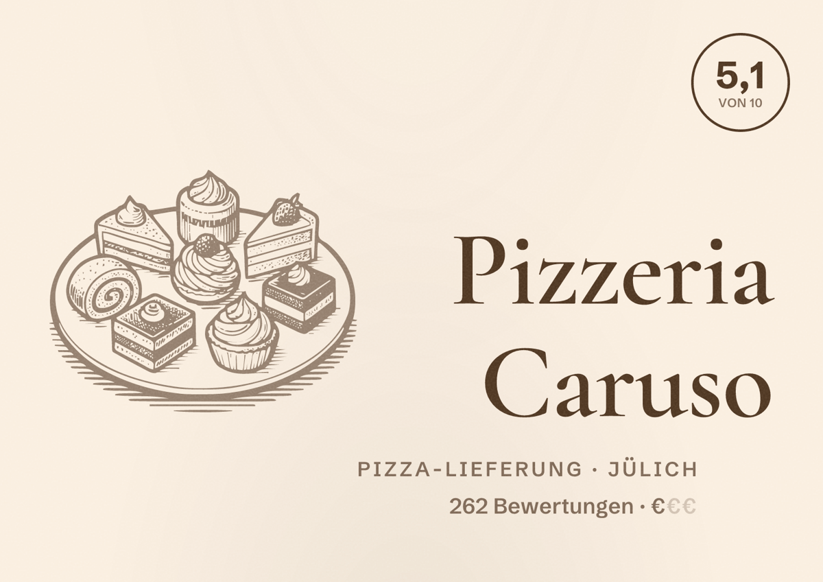Illustriertes Poster von Pizzeria Caruso, Pizza-Lieferung in Jülich: Bewertung 5,1 von 10 aus 262 Bewertungen, Preisniveau €