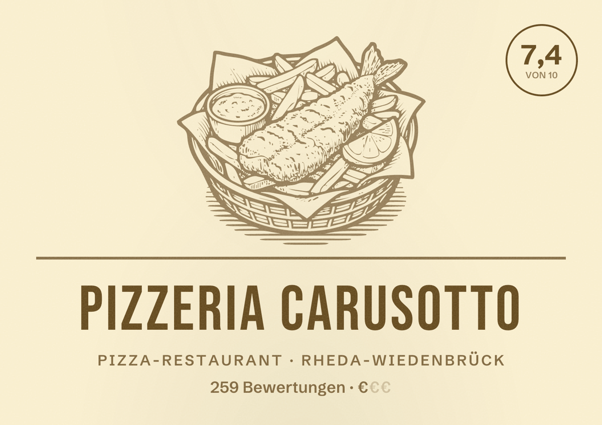Illustriertes Poster von Pizzeria Carusotto, Pizza-Restaurant in Rheda-Wiedenbrück: Bewertung 7,4 von 10 aus 259 Bewertungen, Preisniveau €