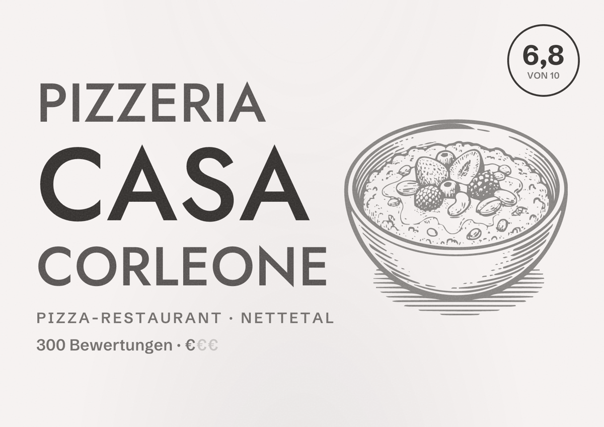 Illustriertes Poster von Pizzeria Casa Corleone, Pizza-Restaurant in Nettetal: Bewertung 6,8 von 10 aus 300 Bewertungen, Preisniveau €