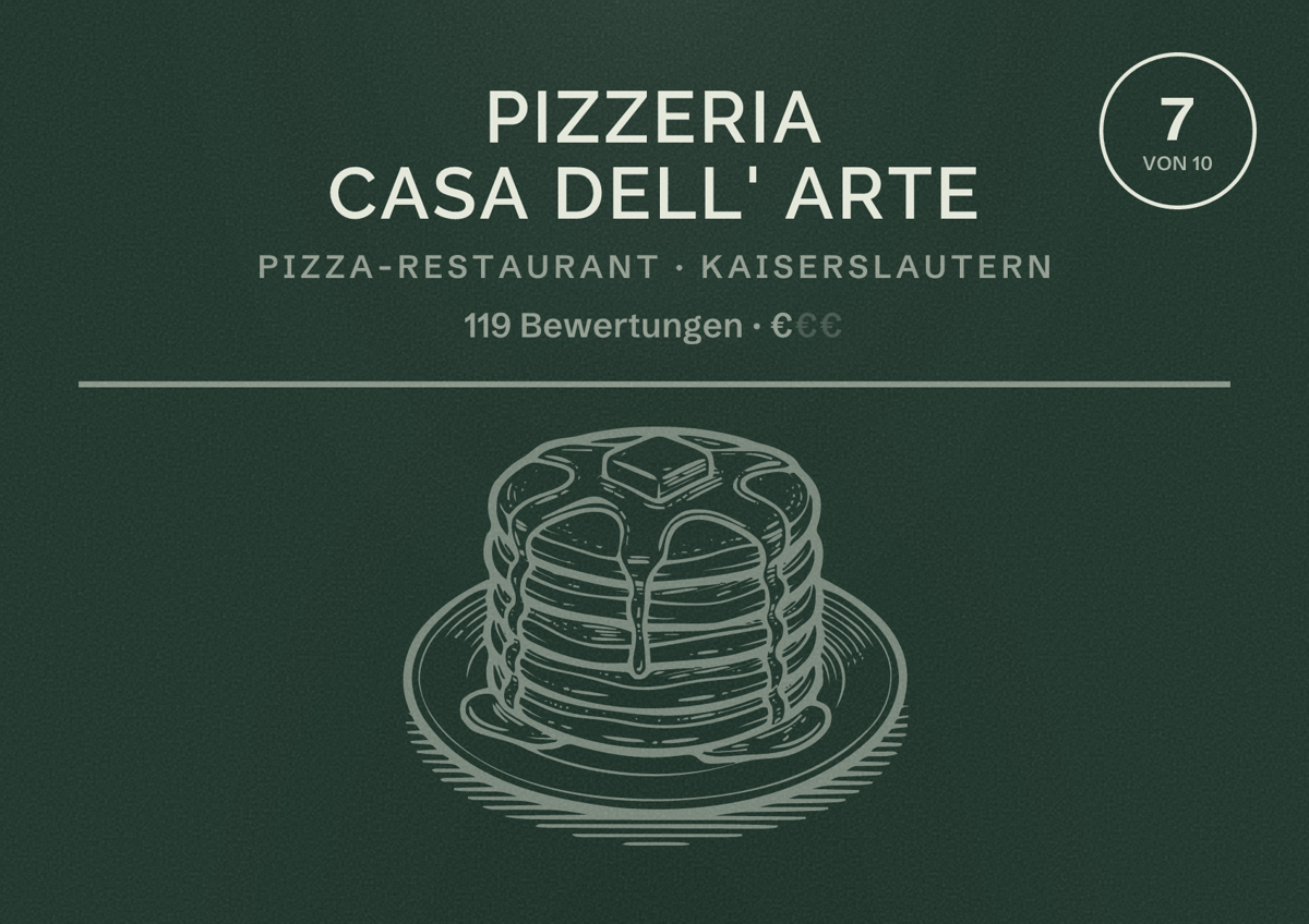 Illustriertes Poster von Pizzeria Casa dell' Arte, Pizza-Restaurant in Kaiserslautern: Bewertung 7 von 10 aus 119 Bewertungen, Preisniveau €