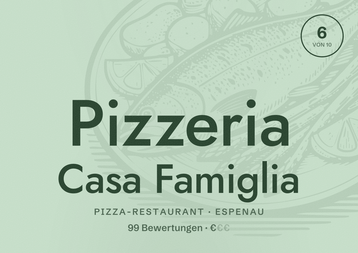 Illustriertes Poster von Pizzeria Casa Famiglia, Pizza-Restaurant in Espenau: Bewertung 6 von 10 aus 99 Bewertungen, Preisniveau €