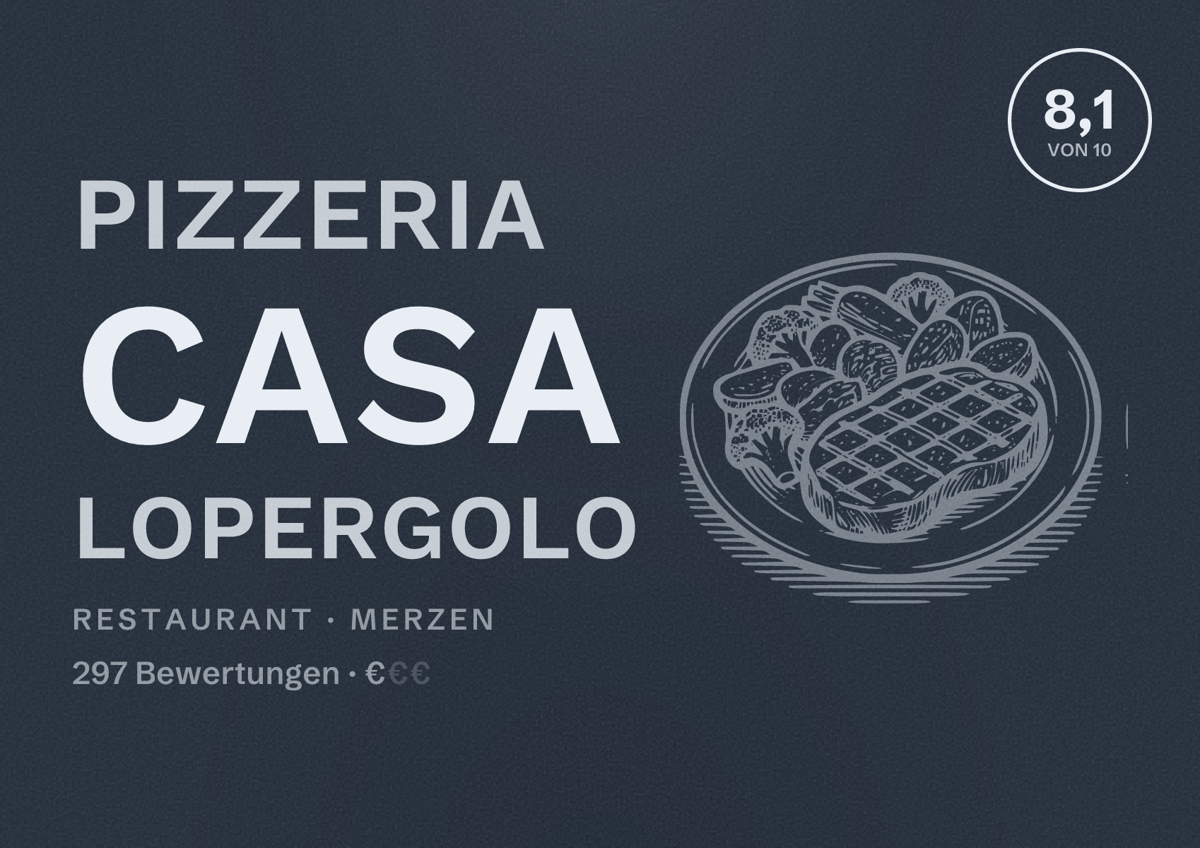 Illustriertes Poster von Pizzeria Casa Lopergolo, Restaurant in Merzen: Bewertung 8,1 von 10 aus 297 Bewertungen, Preisniveau €