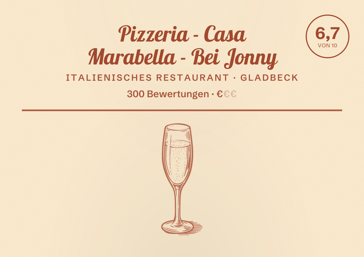 Illustriertes Poster von Pizzeria - Casa Marabella - Bei Jonny, Italienisches Restaurant in Gladbeck: Bewertung 6,7 von 10 aus 300 Bewertungen, Preisniveau €