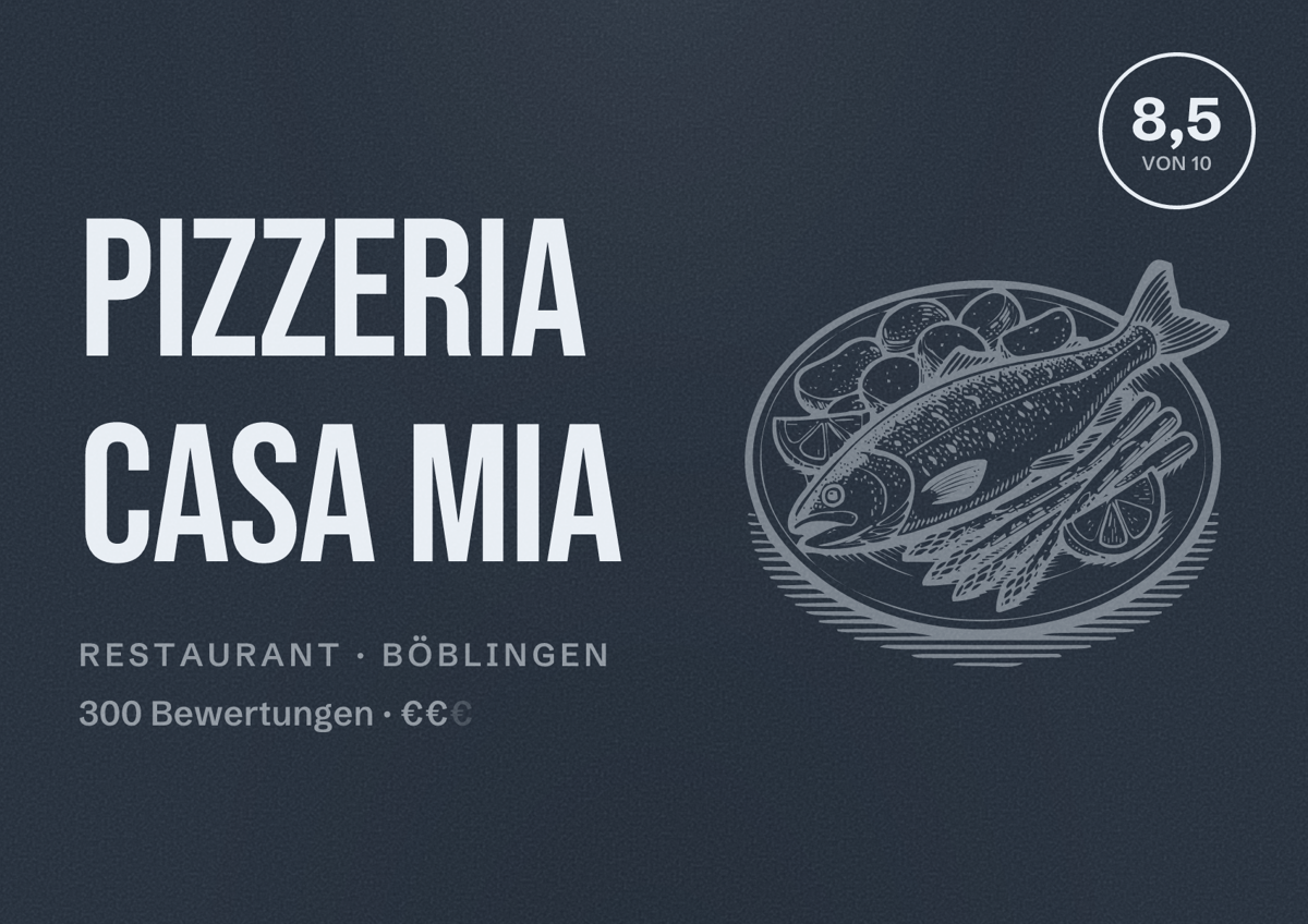 Illustriertes Poster von Pizzeria Casa Mia, Restaurant in Böblingen: Bewertung 8,5 von 10 aus 300 Bewertungen, Preisniveau €€