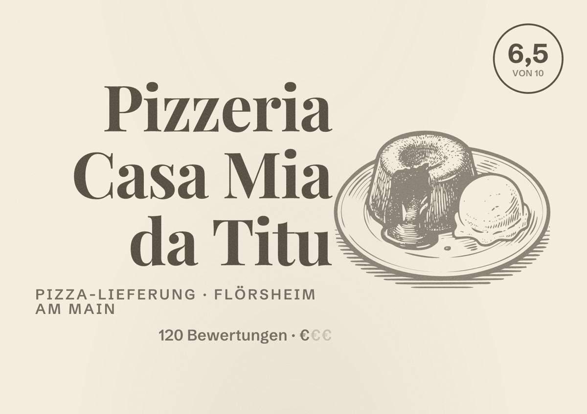 Illustriertes Poster von Pizzeria Casa Mia da Titu, Pizza-Lieferung in Flörsheim am Main: Bewertung 6,5 von 10 aus 120 Bewertungen, Preisniveau €