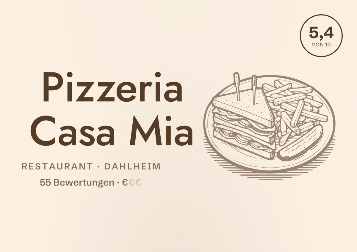 Illustriertes Poster von Pizzeria Casa Mia, Restaurant in Dahlheim: Bewertung 5,4 von 10 aus 55 Bewertungen, Preisniveau €