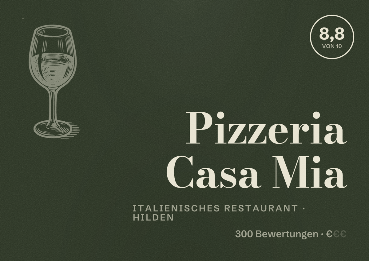 Illustriertes Poster von Pizzeria Casa Mia, Italienisches Restaurant in Hilden: Bewertung 8,8 von 10 aus 300 Bewertungen, Preisniveau €