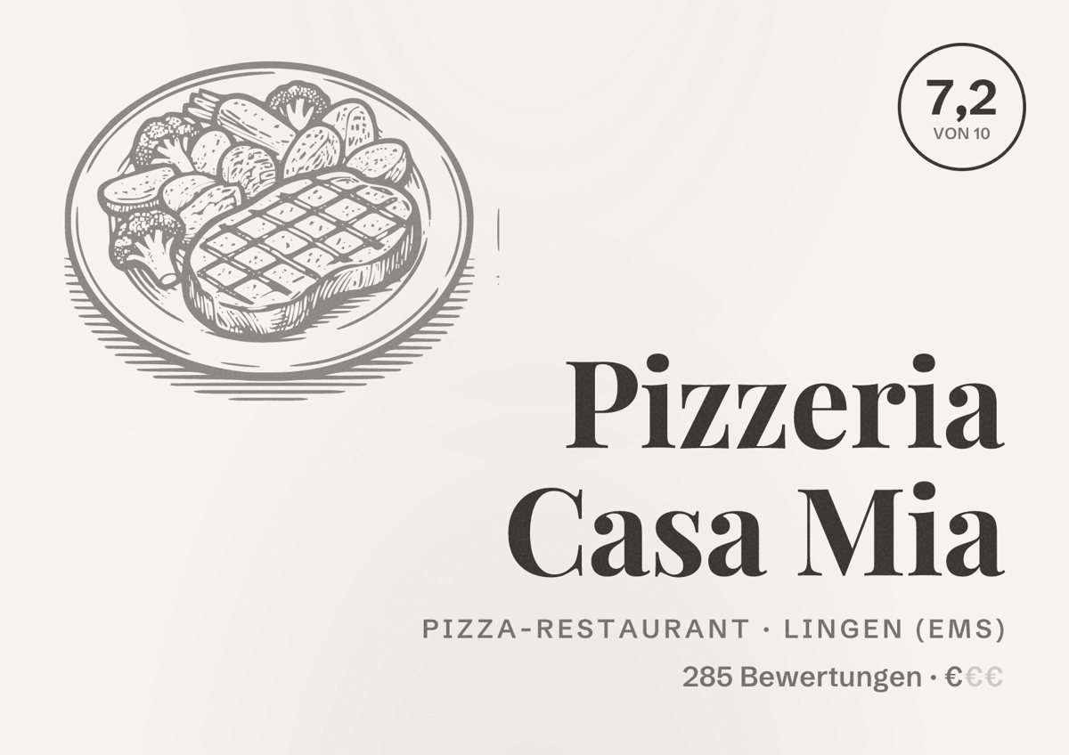 Illustriertes Poster von Pizzeria Casa Mia, Pizza-Restaurant in Lingen (Ems): Bewertung 7,2 von 10 aus 285 Bewertungen, Preisniveau €