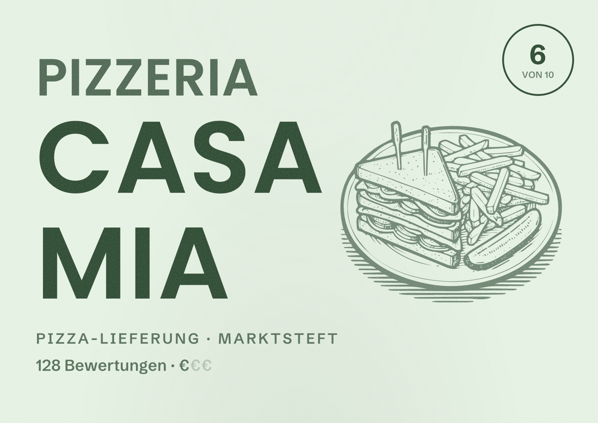 Illustriertes Poster von Pizzeria Casa Mia, Pizza-Lieferung in Marktsteft: Bewertung 6 von 10 aus 128 Bewertungen, Preisniveau €