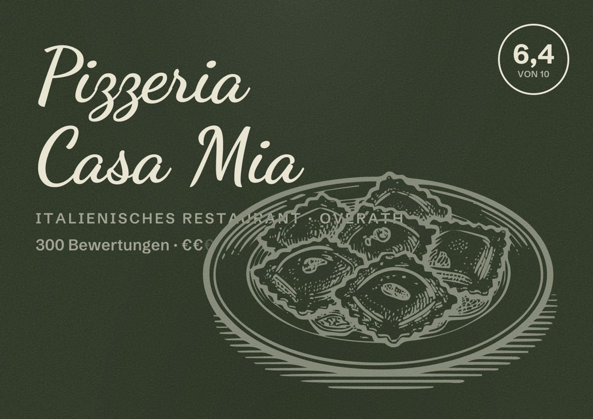 Illustriertes Poster von Pizzeria Casa Mia, Italienisches Restaurant in Overath: Bewertung 6,4 von 10 aus 300 Bewertungen, Preisniveau €€
