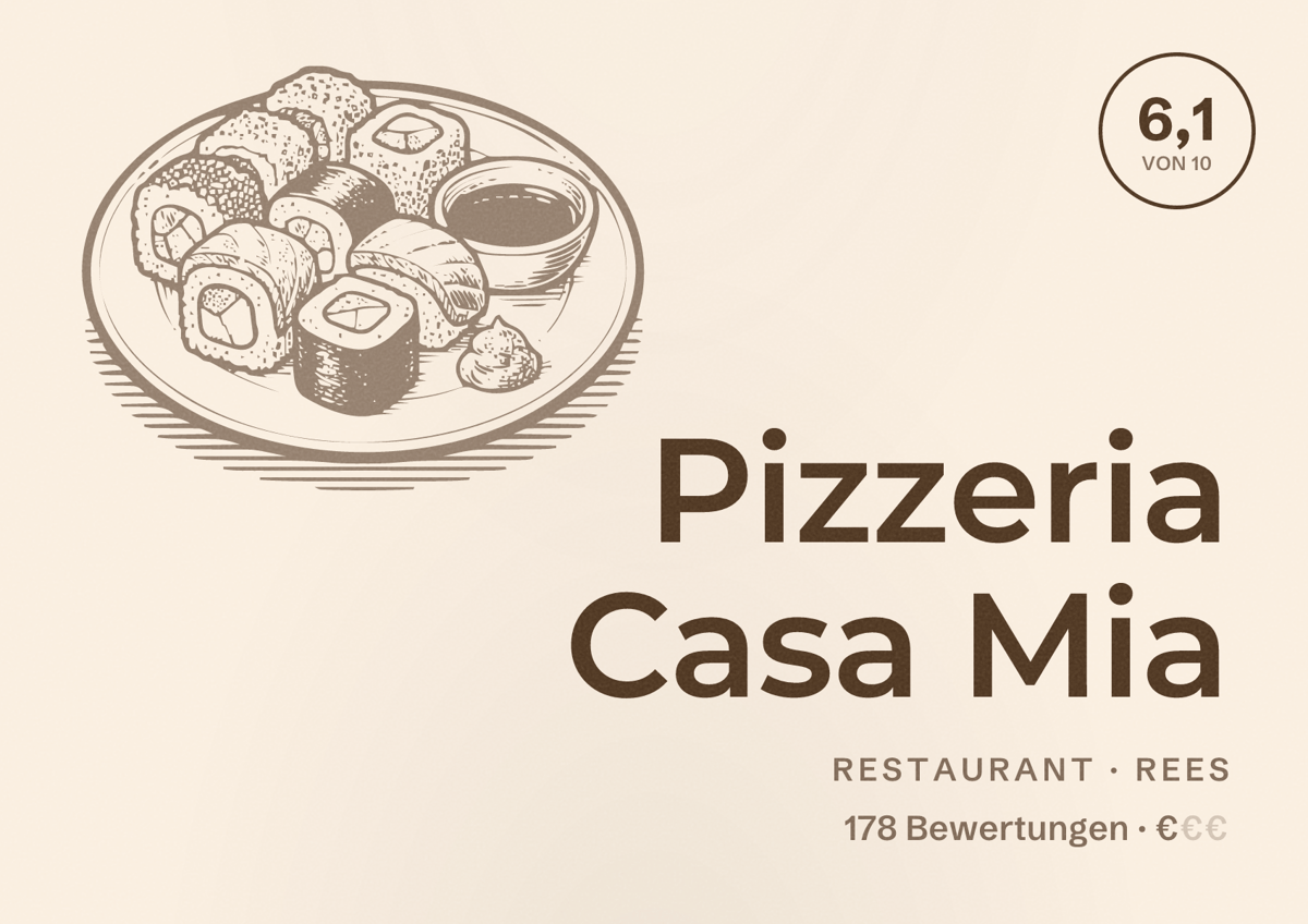Illustriertes Poster von Pizzeria Casa Mia, Restaurant in Rees: Bewertung 6,1 von 10 aus 178 Bewertungen, Preisniveau €