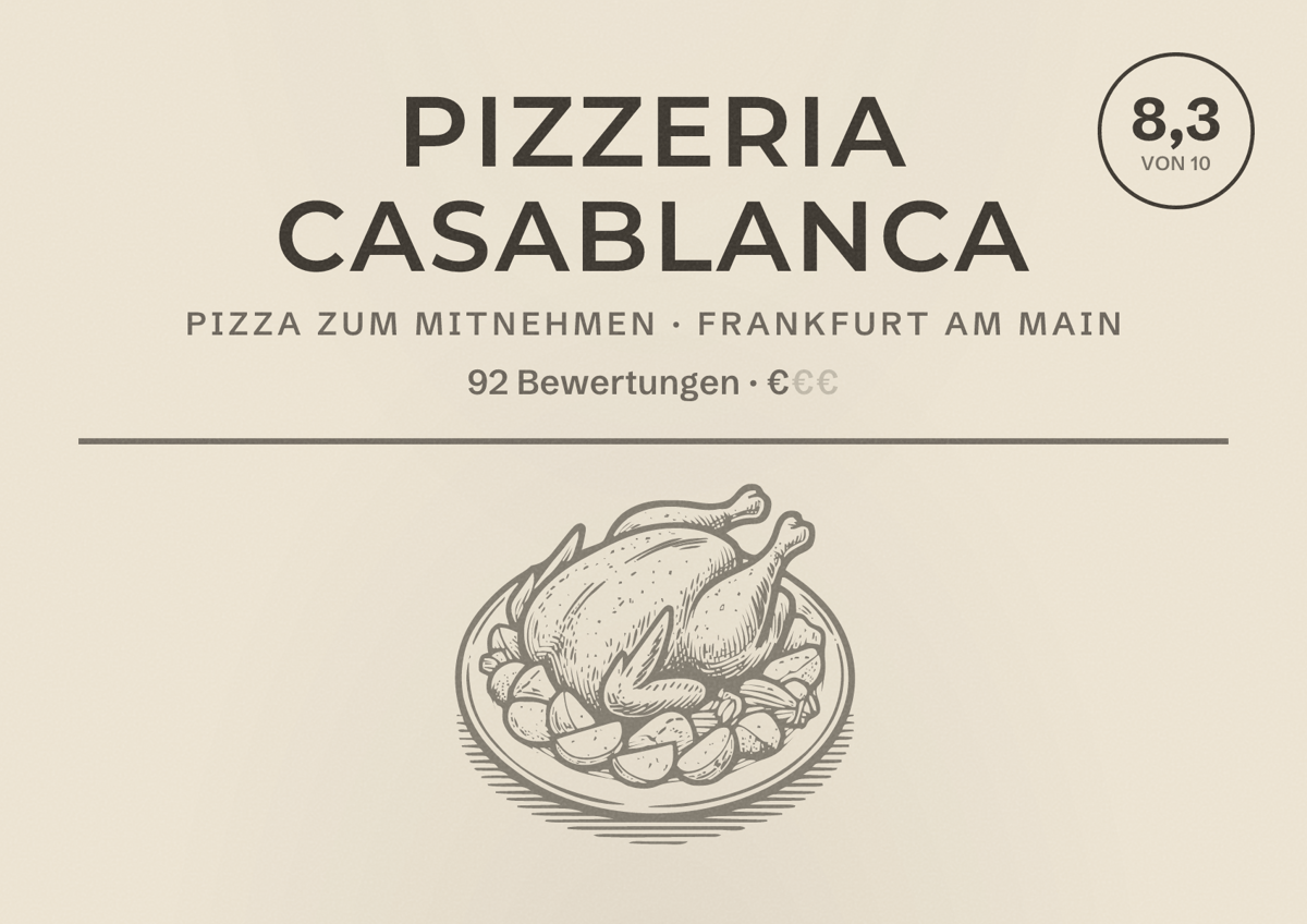 Illustriertes Poster von Pizzeria Casablanca, Pizza zum Mitnehmen in Frankfurt am Main: Bewertung 8,3 von 10 aus 92 Bewertungen, Preisniveau €