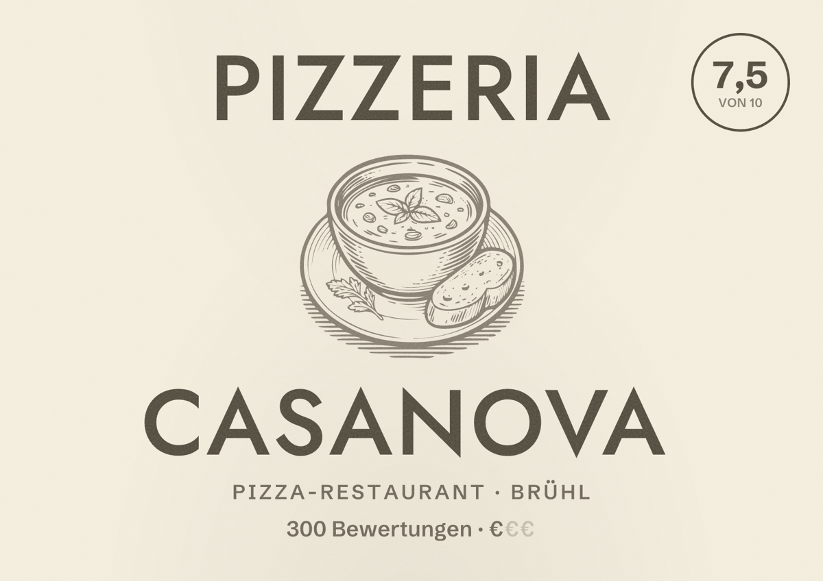 Illustriertes Poster von Pizzeria Casanova, Pizza-Restaurant in Brühl: Bewertung 7,5 von 10 aus 300 Bewertungen, Preisniveau €