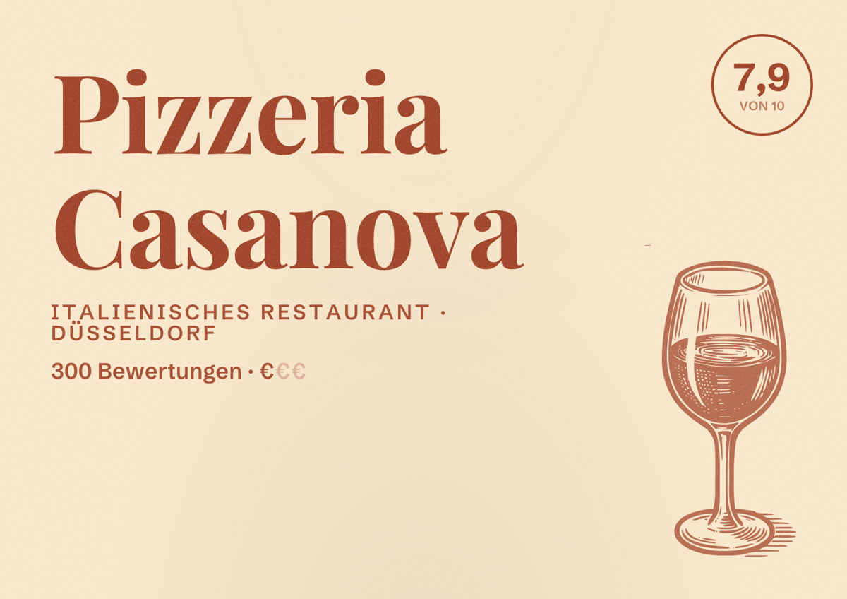 Illustriertes Poster von Pizzeria Casanova, Italienisches Restaurant in Düsseldorf: Bewertung 7,9 von 10 aus 300 Bewertungen, Preisniveau €