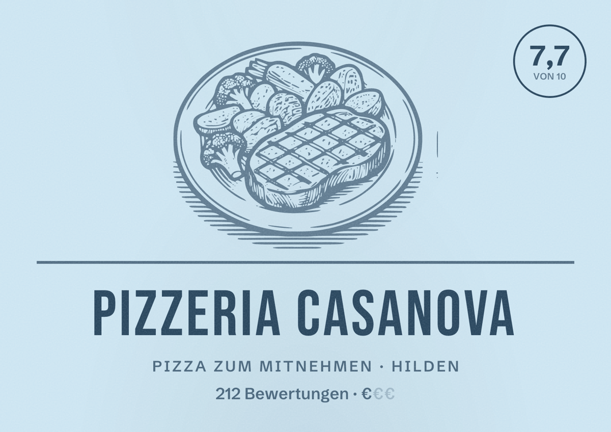 Illustriertes Poster von Pizzeria Casanova, Pizza zum Mitnehmen in Hilden: Bewertung 7,7 von 10 aus 212 Bewertungen, Preisniveau €