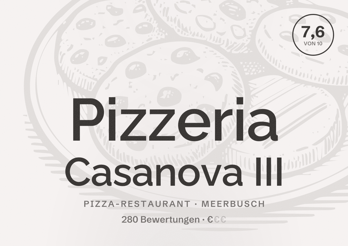 Illustriertes Poster von Pizzeria Casanova III, Pizza-Restaurant in Meerbusch: Bewertung 7,6 von 10 aus 280 Bewertungen, Preisniveau €