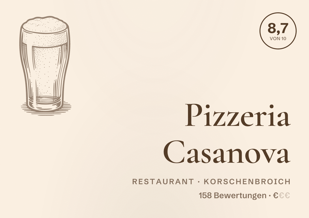 Illustriertes Poster von Pizzeria Casanova, Restaurant in Korschenbroich: Bewertung 8,7 von 10 aus 158 Bewertungen, Preisniveau €