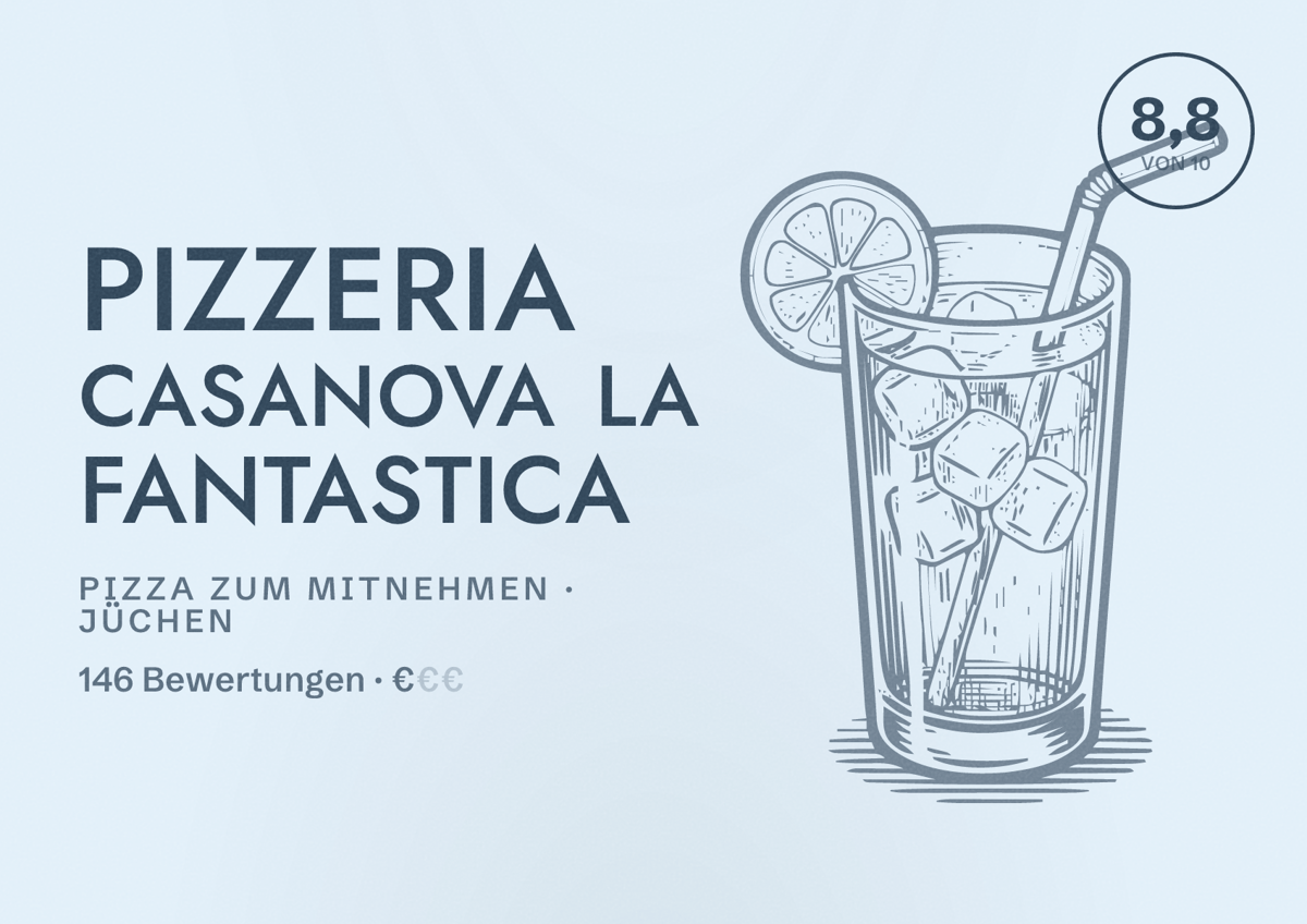 Illustriertes Poster von Pizzeria CasaNova la Fantastica, Pizza zum Mitnehmen in Jüchen: Bewertung 8,8 von 10 aus 146 Bewertungen, Preisniveau €