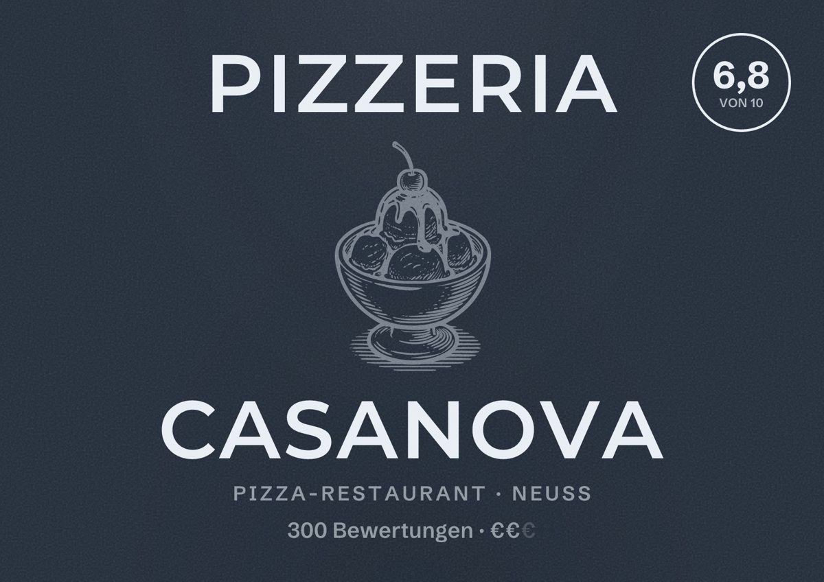 Illustriertes Poster von Pizzeria Casanova, Pizza-Restaurant in Neuss: Bewertung 6,8 von 10 aus 300 Bewertungen, Preisniveau €€