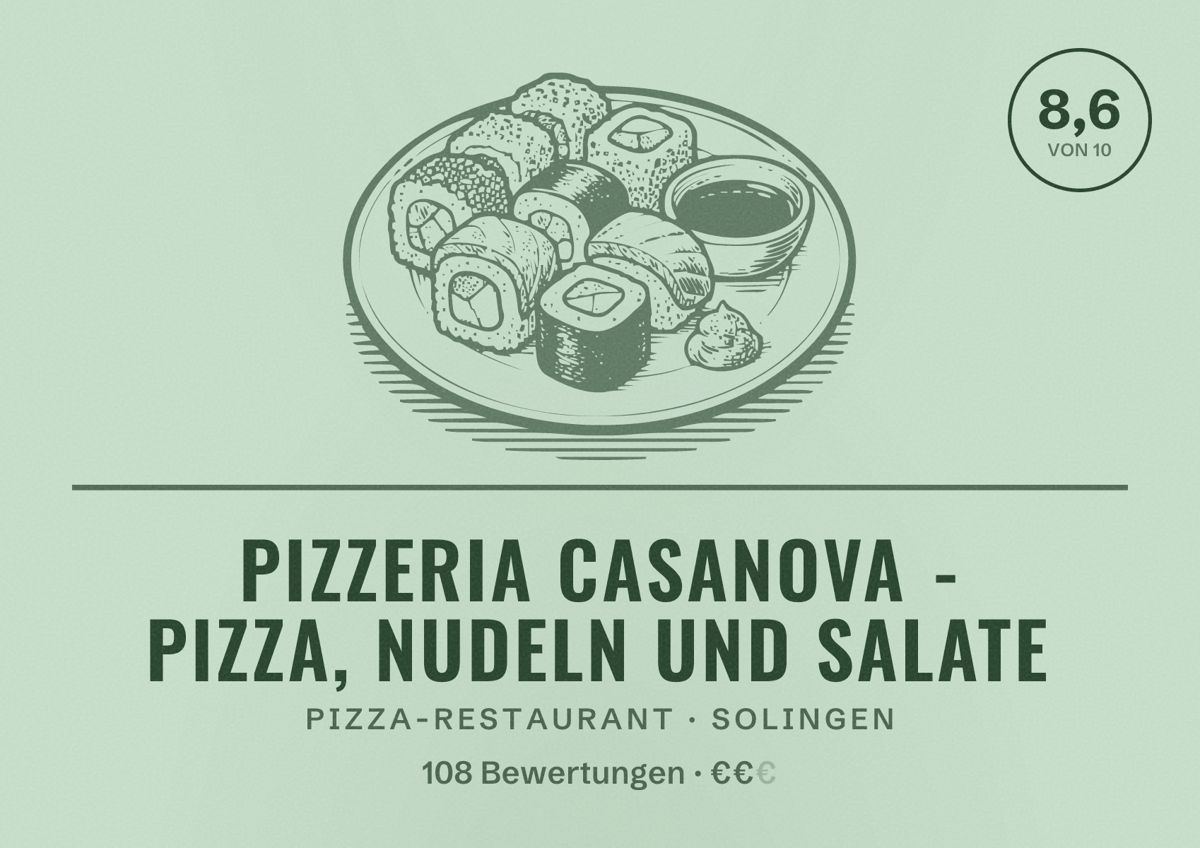 Illustriertes Poster von Pizzeria Casanova - Pizza, Nudeln und Salate, Pizza-Restaurant in Solingen: Bewertung 8,6 von 10 aus 108 Bewertungen, Preisniveau €€