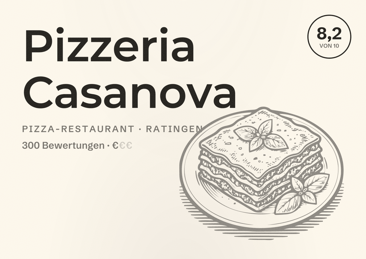 Illustriertes Poster von Pizzeria Casanova, Pizza-Restaurant in Ratingen: Bewertung 8,2 von 10 aus 300 Bewertungen, Preisniveau €