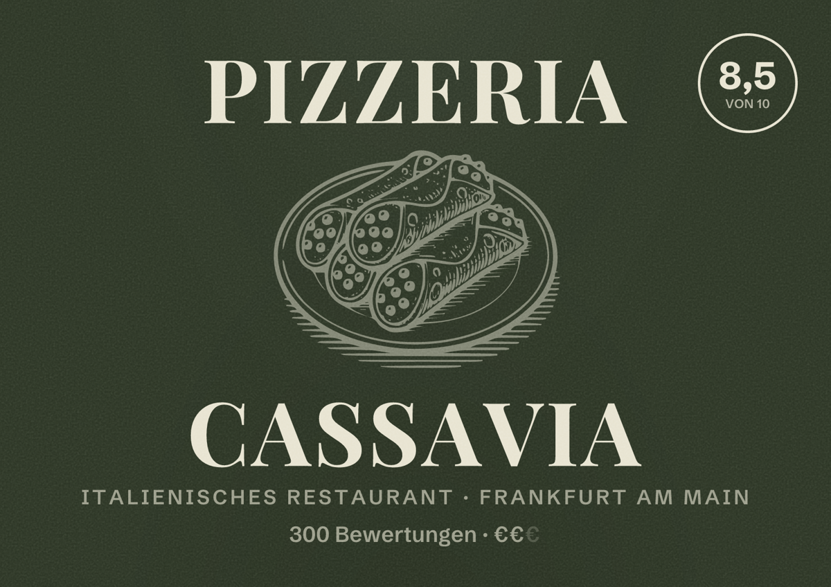 Illustriertes Poster von Pizzeria Cassavia, Italienisches Restaurant in Frankfurt am Main: Bewertung 8,5 von 10 aus 300 Bewertungen, Preisniveau €€