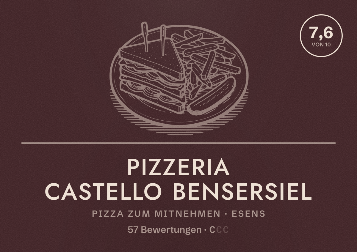 Illustriertes Poster von Pizzeria Castello Bensersiel, Pizza zum Mitnehmen in Esens: Bewertung 7,6 von 10 aus 57 Bewertungen, Preisniveau €