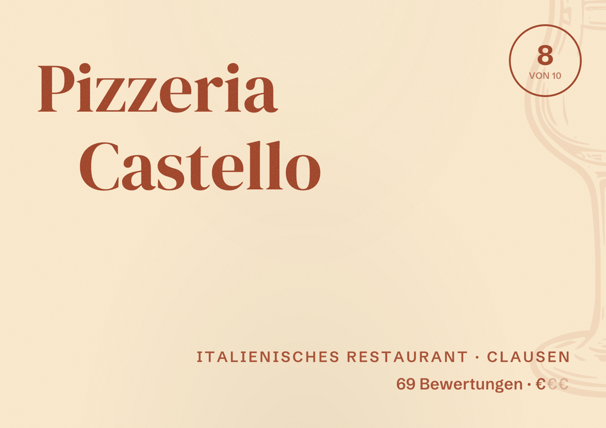 Illustriertes Poster von Pizzeria Castello, Italienisches Restaurant in Clausen: Bewertung 8 von 10 aus 69 Bewertungen, Preisniveau €