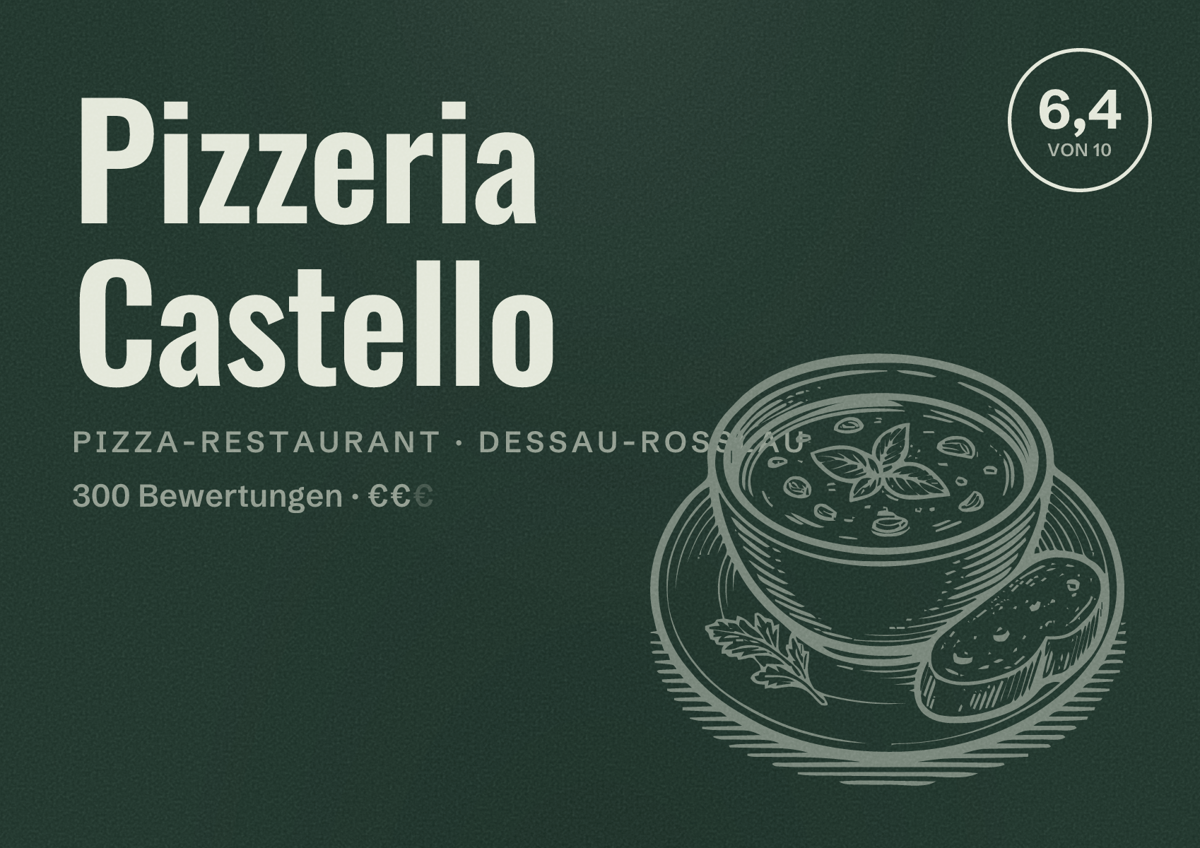Illustriertes Poster von Pizzeria Castello, Pizza-Restaurant in Dessau-Roßlau: Bewertung 6,4 von 10 aus 300 Bewertungen, Preisniveau €€