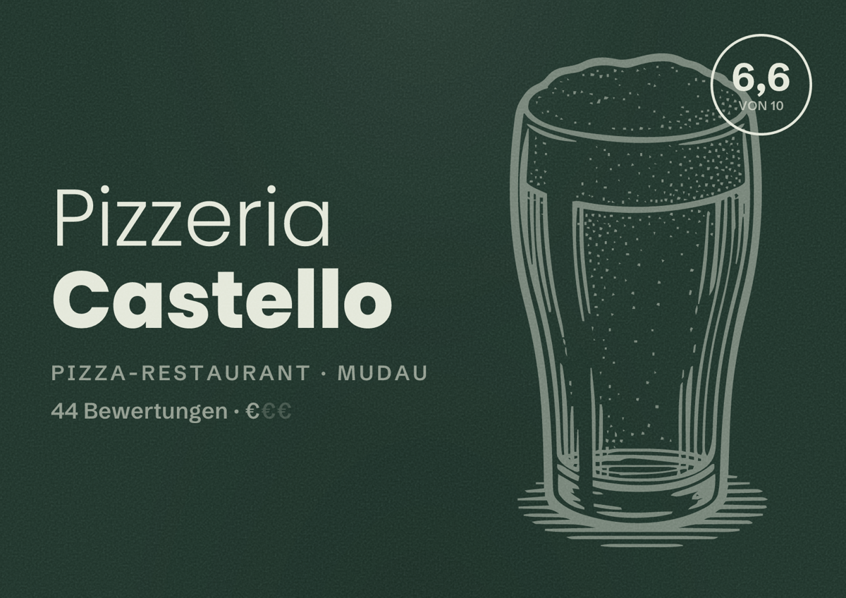 Illustriertes Poster von Pizzeria Castello, Pizza-Restaurant in Mudau: Bewertung 6,6 von 10 aus 44 Bewertungen, Preisniveau €