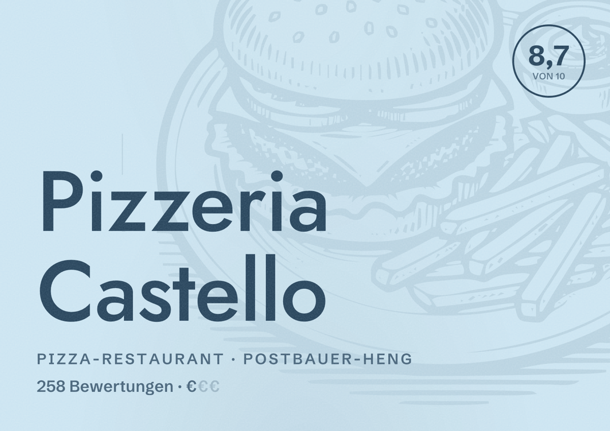 Illustriertes Poster von Pizzeria Castello, Pizza-Restaurant in Postbauer-Heng: Bewertung 8,7 von 10 aus 258 Bewertungen, Preisniveau €