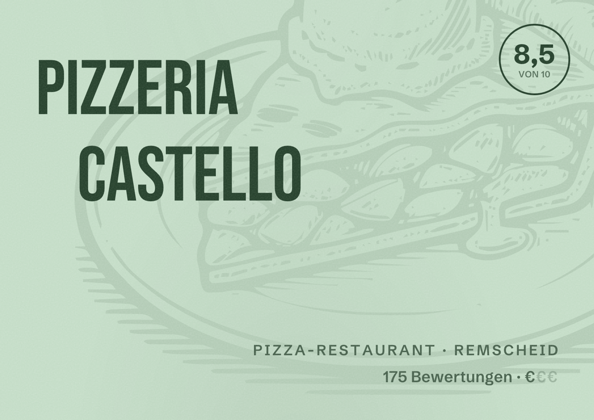 Illustriertes Poster von Pizzeria Castello, Pizza-Restaurant in Remscheid: Bewertung 8,5 von 10 aus 175 Bewertungen, Preisniveau €