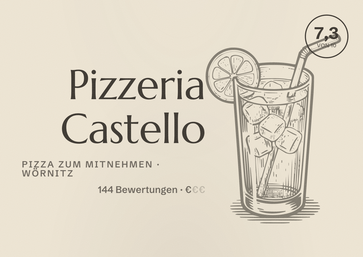 Illustriertes Poster von Pizzeria Castello, Pizza zum Mitnehmen in Wörnitz: Bewertung 7,3 von 10 aus 144 Bewertungen, Preisniveau €