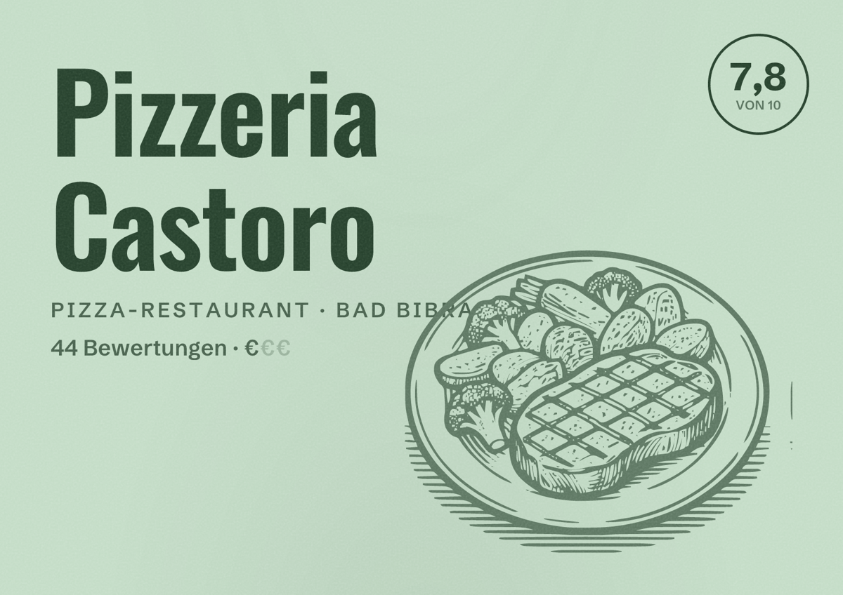Illustriertes Poster von Pizzeria Castoro, Pizza-Restaurant in Bad Bibra: Bewertung 7,8 von 10 aus 44 Bewertungen, Preisniveau €