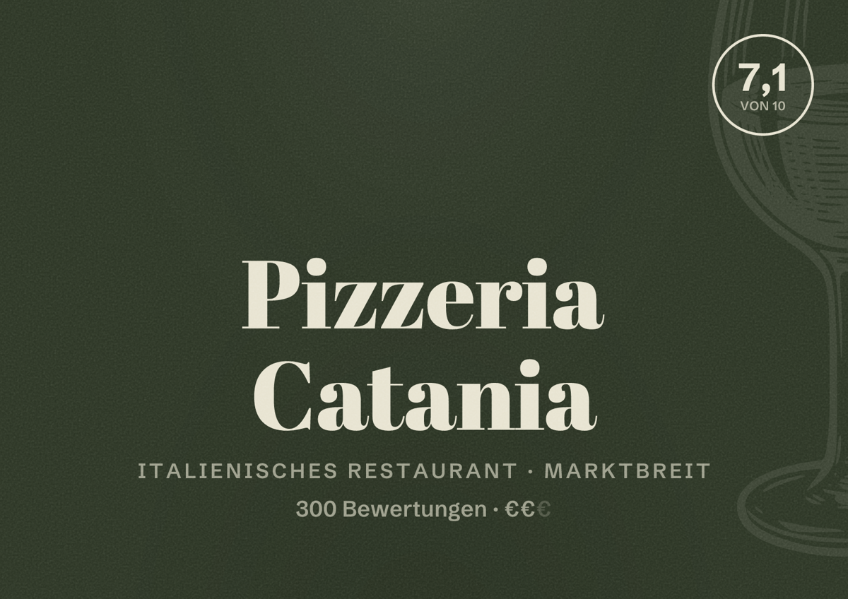 Illustriertes Poster von Pizzeria Catania, Italienisches Restaurant in Marktbreit: Bewertung 7,1 von 10 aus 300 Bewertungen, Preisniveau €€