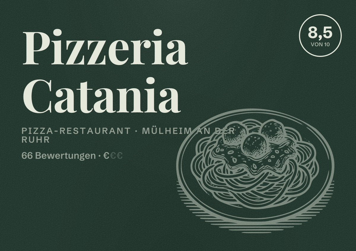 Illustriertes Poster von Pizzeria Catania, Pizza-Restaurant in Mülheim an der Ruhr: Bewertung 8,5 von 10 aus 66 Bewertungen, Preisniveau €