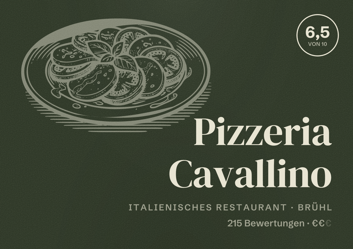 Illustriertes Poster von Pizzeria Cavallino, Italienisches Restaurant in Brühl: Bewertung 6,5 von 10 aus 215 Bewertungen, Preisniveau €€