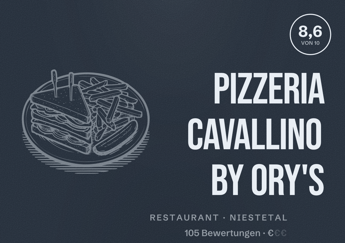 Illustriertes Poster von Pizzeria Cavallino by Ory's, Restaurant in Niestetal: Bewertung 8,6 von 10 aus 105 Bewertungen, Preisniveau €