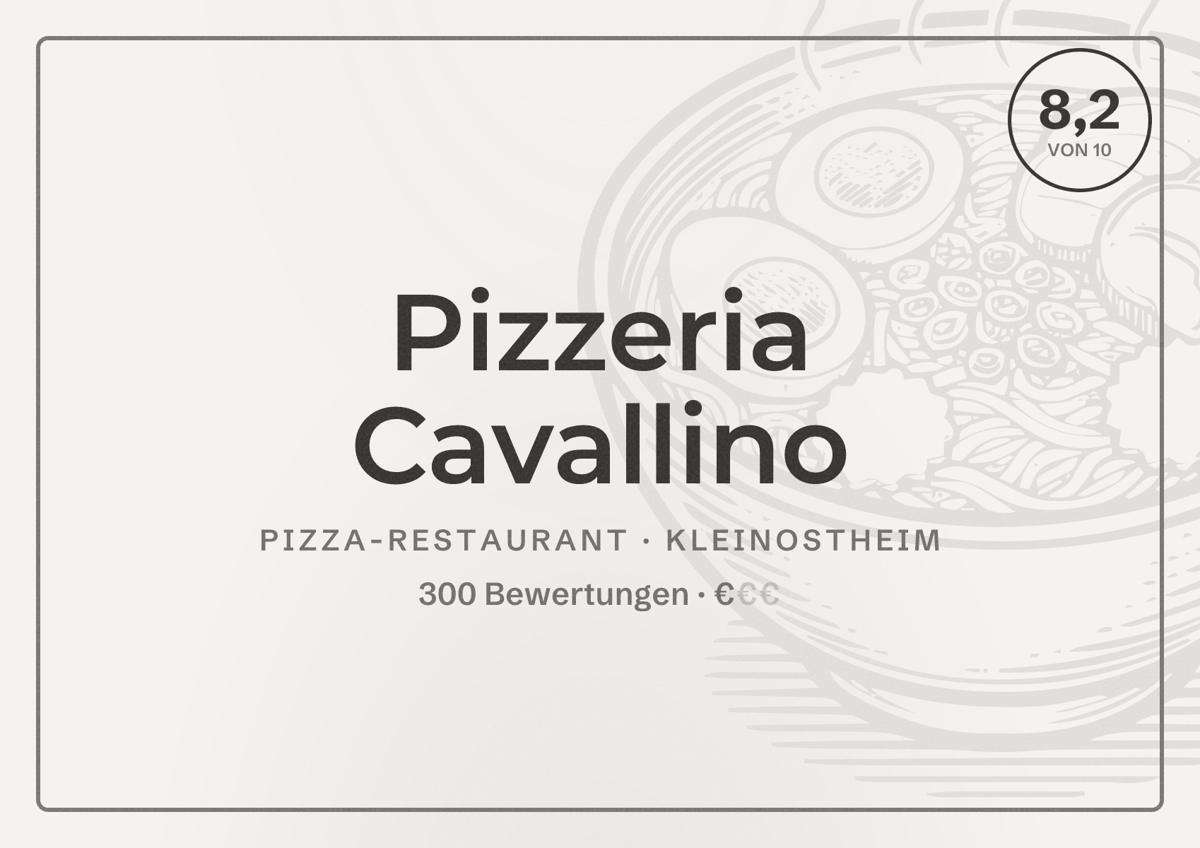 Illustriertes Poster von Pizzeria Cavallino, Pizza-Restaurant in Kleinostheim: Bewertung 8,2 von 10 aus 300 Bewertungen, Preisniveau €