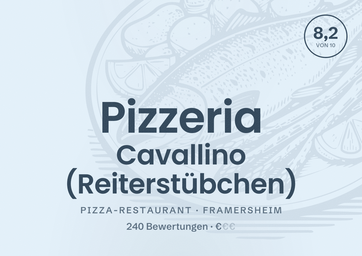 Illustriertes Poster von Pizzeria Cavallino (Reiterstübchen), Pizza-Restaurant in Framersheim: Bewertung 8,2 von 10 aus 240 Bewertungen, Preisniveau €