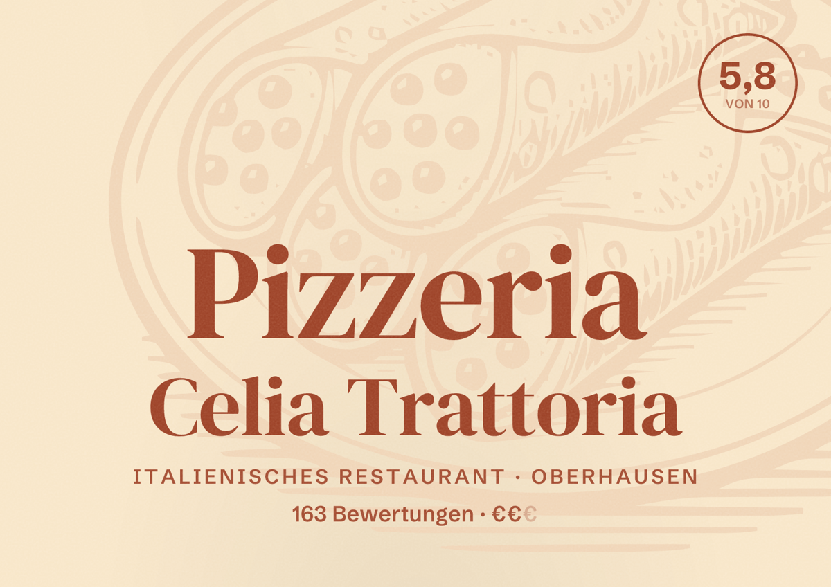 Illustriertes Poster von Pizzeria Celia Trattoria, Italienisches Restaurant in Oberhausen: Bewertung 5,8 von 10 aus 163 Bewertungen, Preisniveau €€