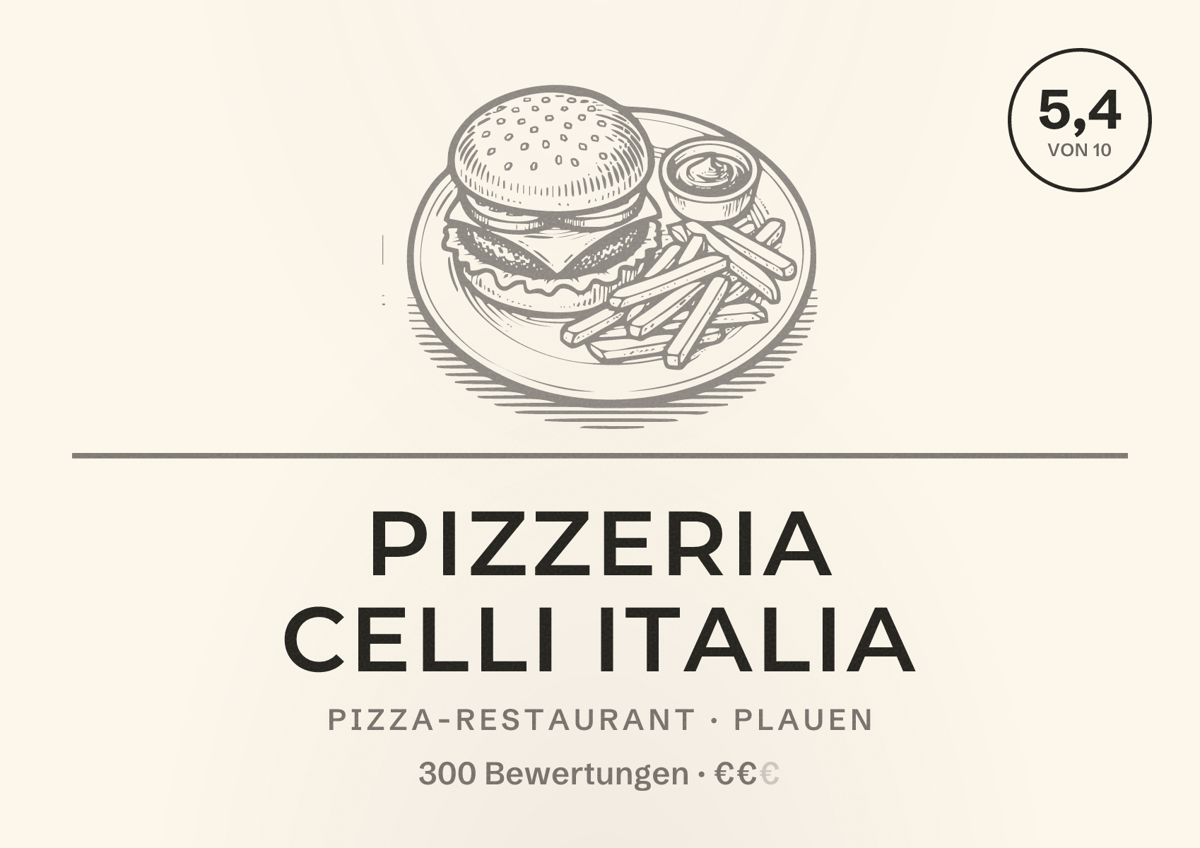 Illustriertes Poster von Pizzeria Celli Italia, Pizza-Restaurant in Plauen: Bewertung 5,4 von 10 aus 300 Bewertungen, Preisniveau €€