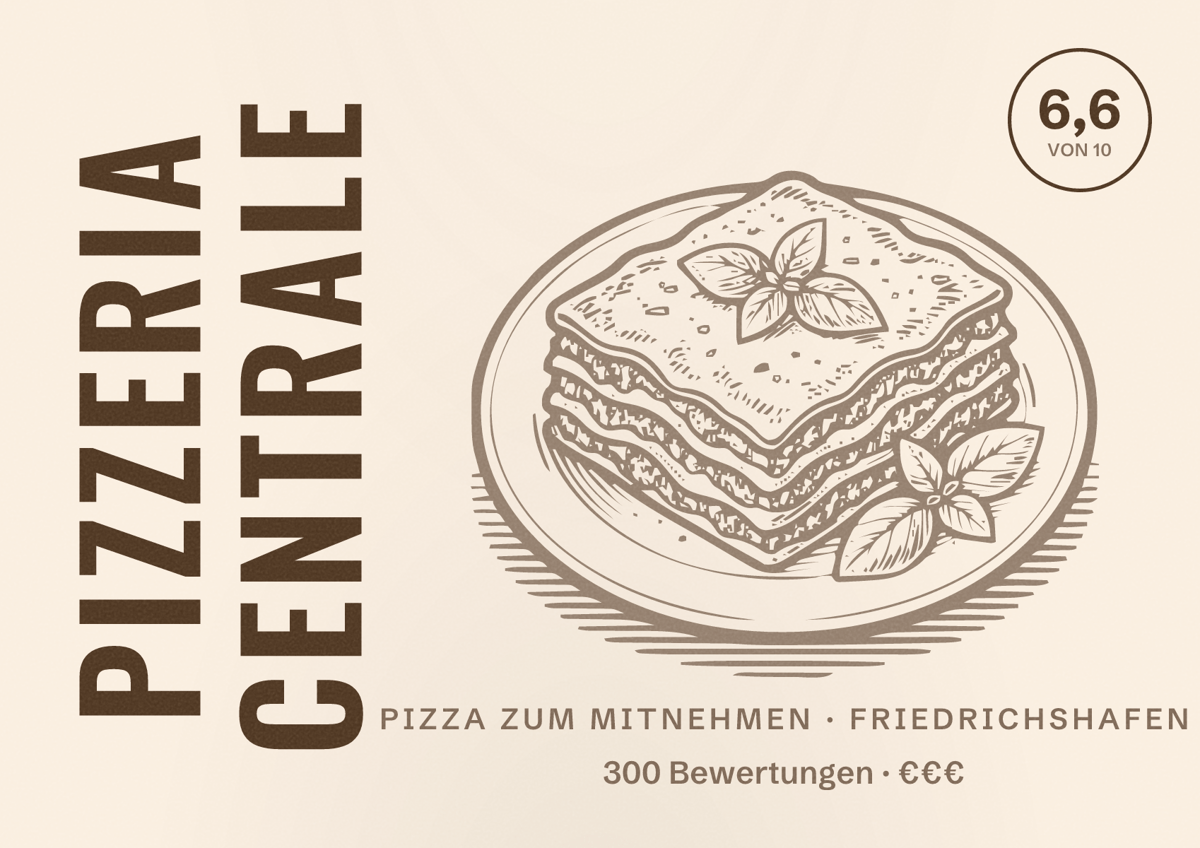 Illustriertes Poster von Pizzeria Centrale, Pizza zum Mitnehmen in Friedrichshafen: Bewertung 6,6 von 10 aus 300 Bewertungen, Preisniveau €€€