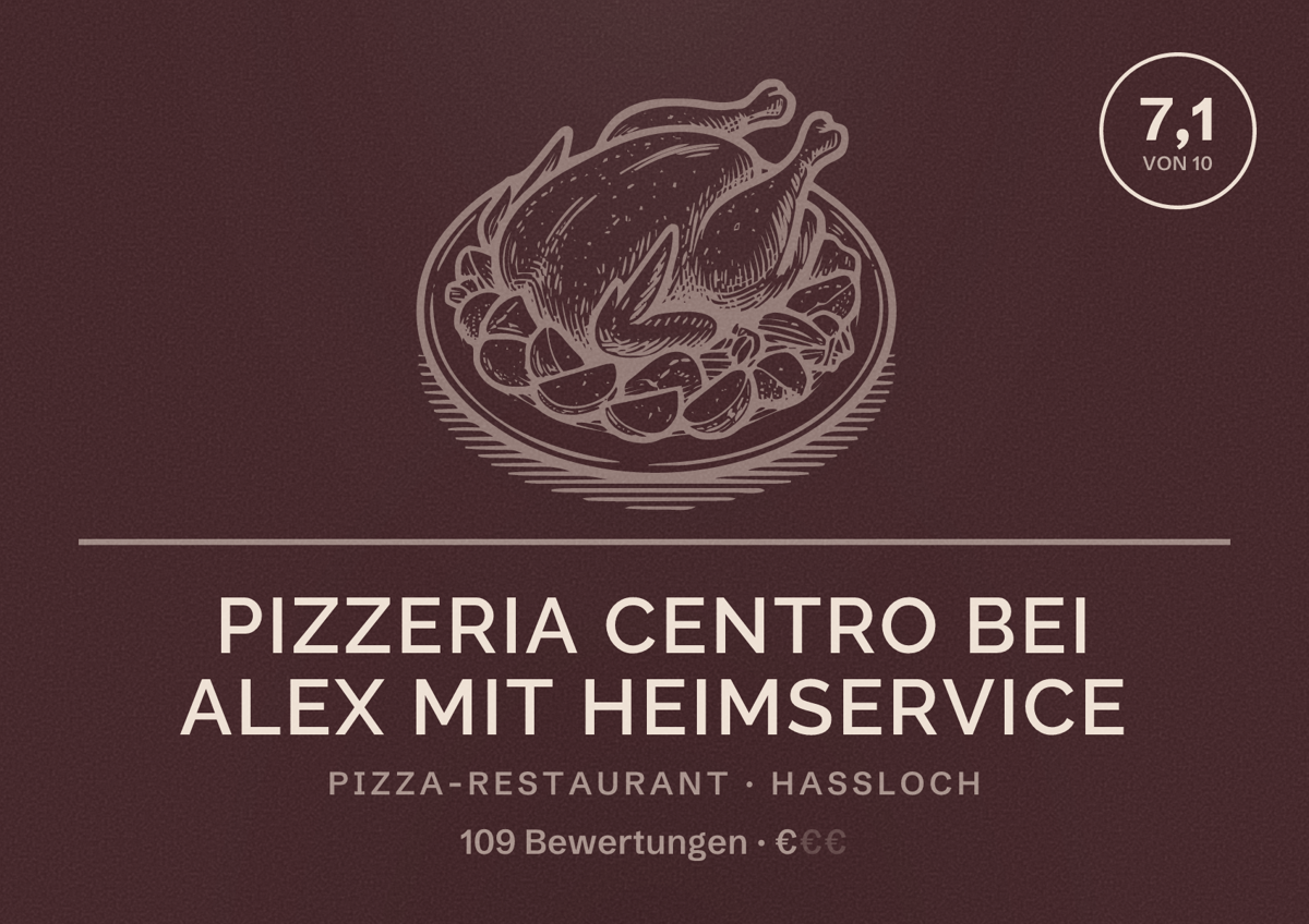 Illustriertes Poster von Pizzeria Centro bei Alex mit Heimservice, Pizza-Restaurant in Haßloch: Bewertung 7,1 von 10 aus 109 Bewertungen, Preisniveau €