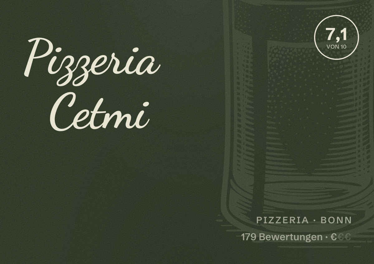 Illustriertes Poster von Pizzeria Cetmi, Pizzeria in Bonn: Bewertung 7,1 von 10 aus 179 Bewertungen, Preisniveau €