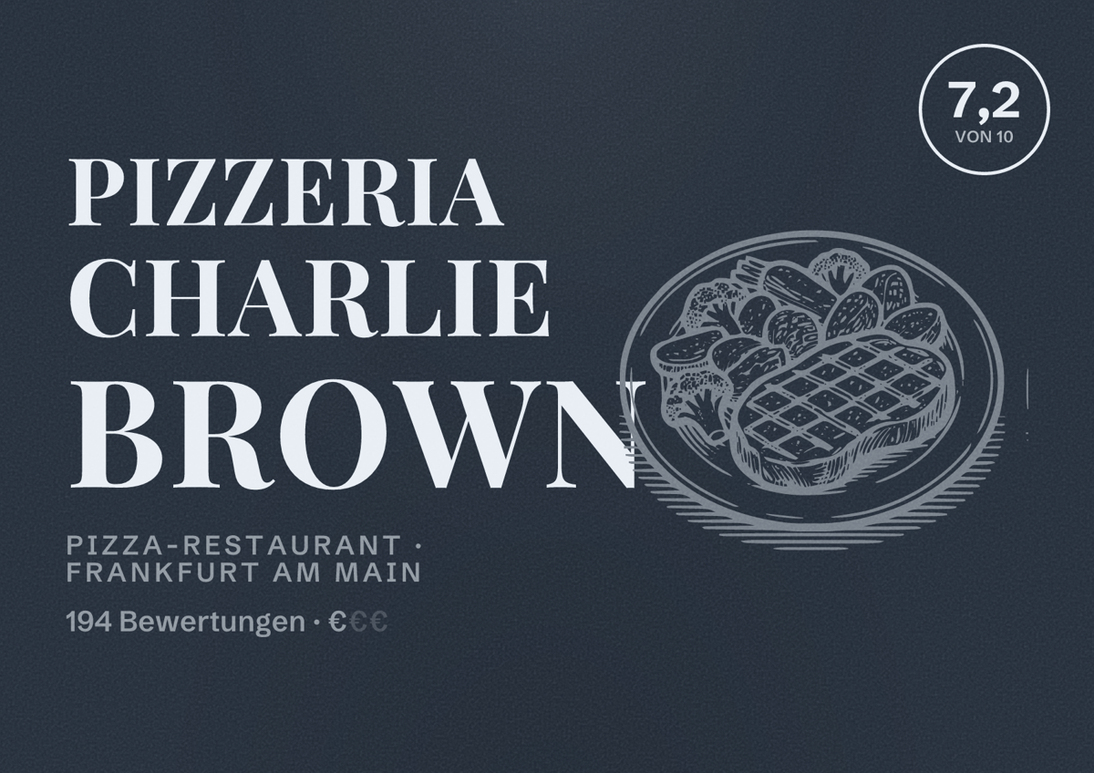 Illustriertes Poster von Pizzeria Charlie Brown, Pizza-Restaurant in Frankfurt am Main: Bewertung 7,2 von 10 aus 194 Bewertungen, Preisniveau €